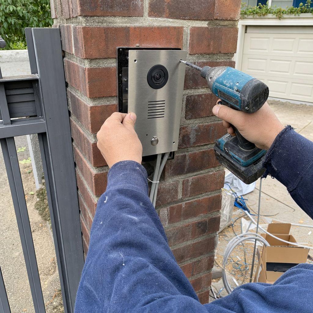 Gate access control system installation with drill