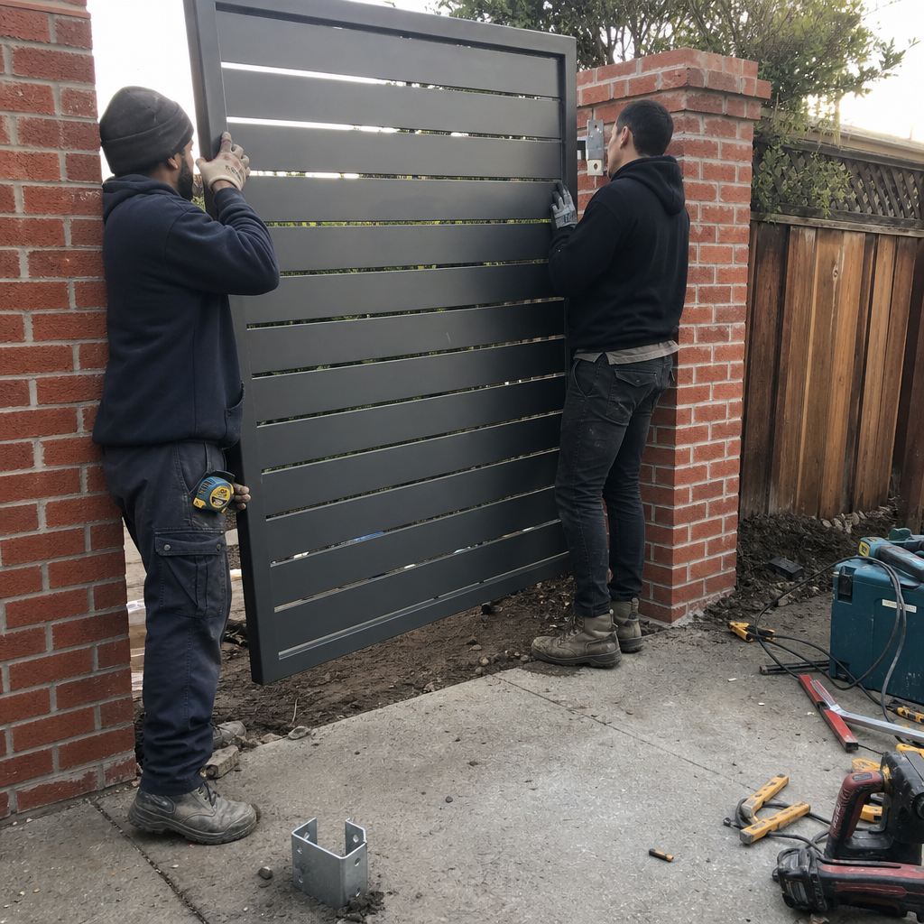 Gate installation by professionals with modern grey metal gate and brick pillar.