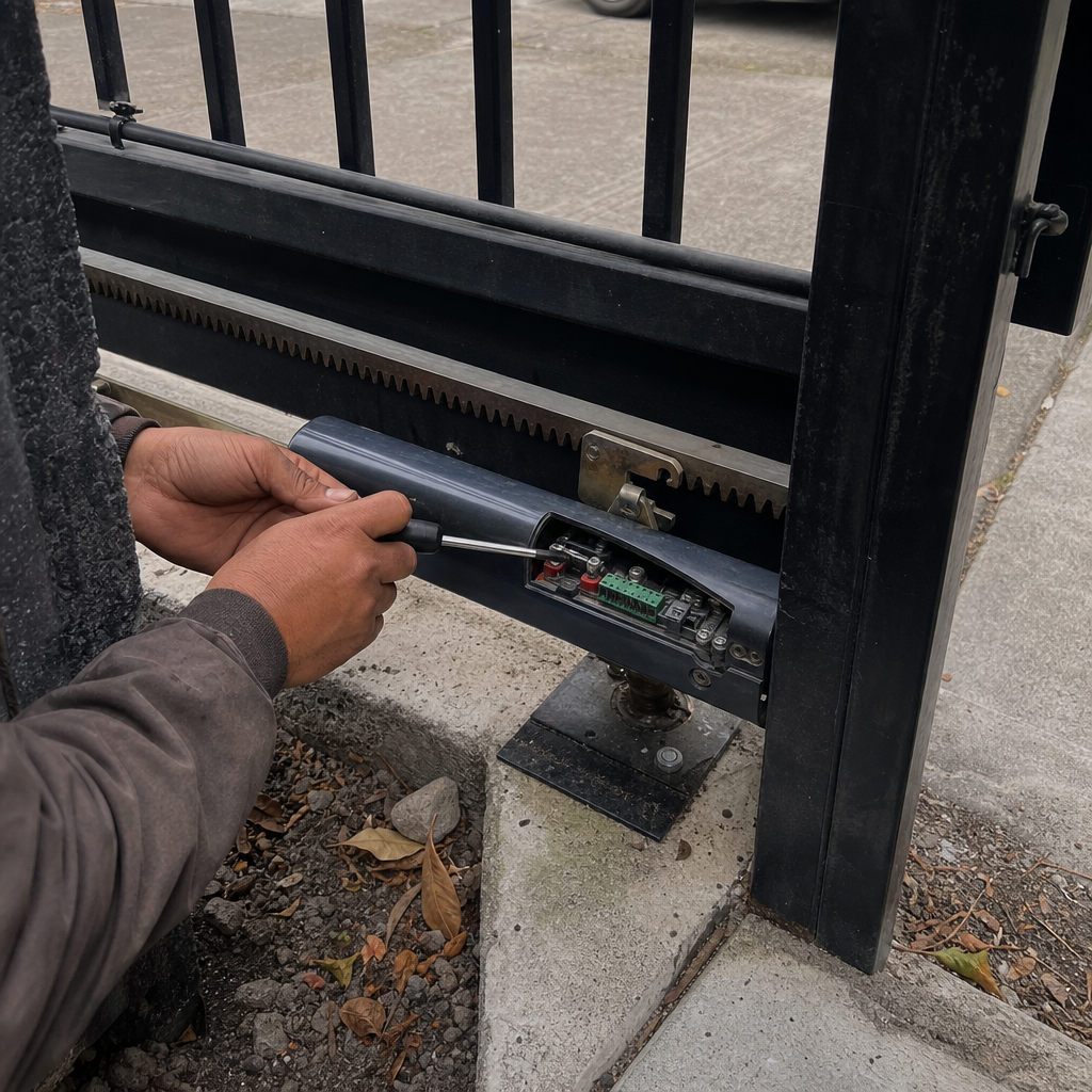 Gate motor repair service, technician fixing sliding gate opener electronics.