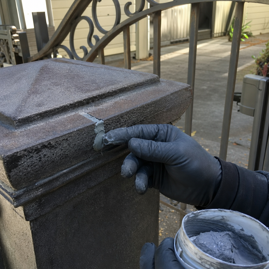 Gloved hand repairing crack in stone gate post with filler