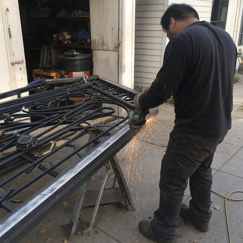Gate repair professional welding metal gate with sparks in San Francisco, CA